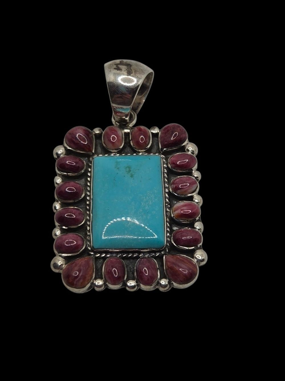 Sterling Silver Turquoise Purple Spiny Oyster Mosaic Pendant Southwestern 12g